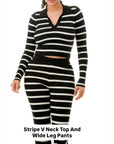 Striped V Front Top And Wide Leg Pants 2Piece: