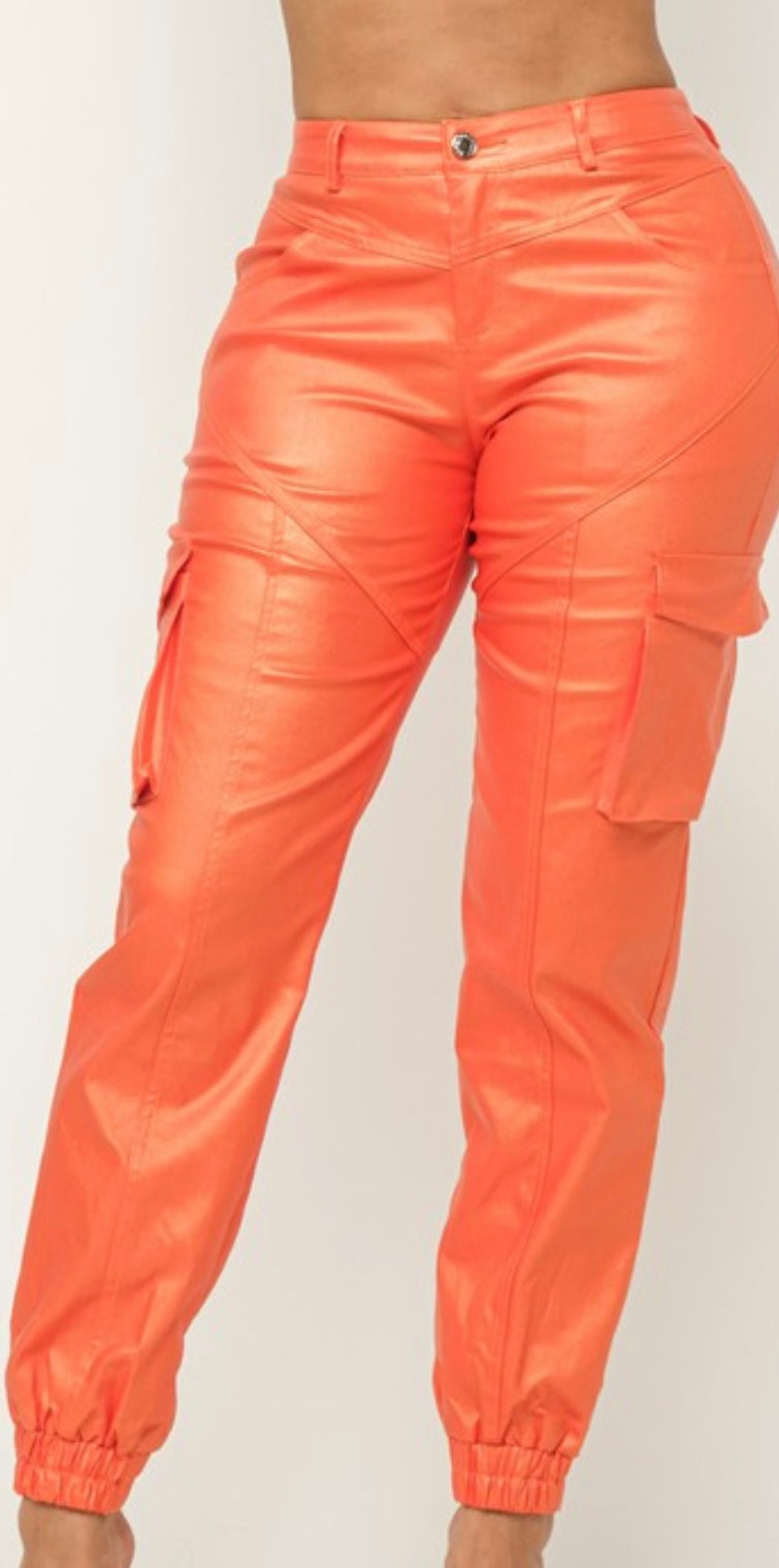 Coral Faux Leather Cargo Jogger Pants