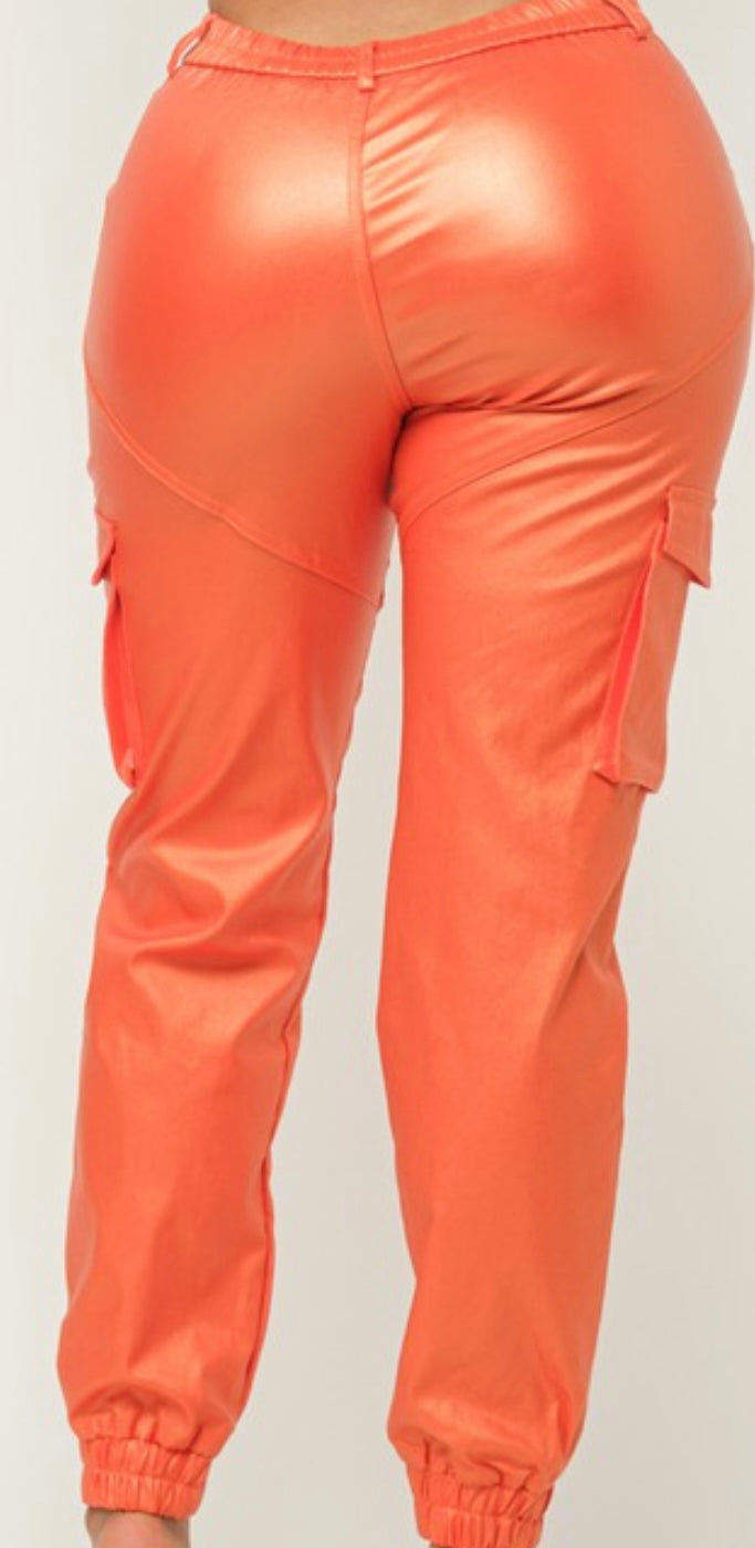 Coral Faux Leather Cargo Jogger Pants